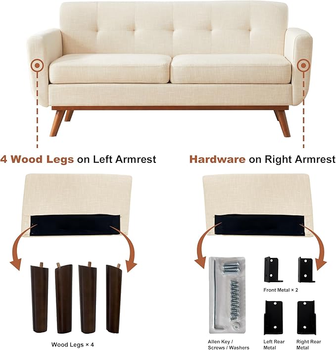 Kingfun 65.2" W Loveseat Sofa, Mid Century Modern Decor Love Seat Couches - Image 5
