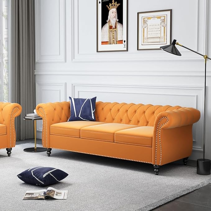Chesterfield 3 Seater Sofa, Modern Velvet Tufted Couch 3 Seater - Image 4