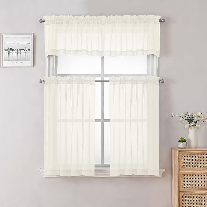 Lecloud 14 Inch Ivory Sheer Curtains Valance 2 Pieces, Cafe Kitchen Curtain - Image 7