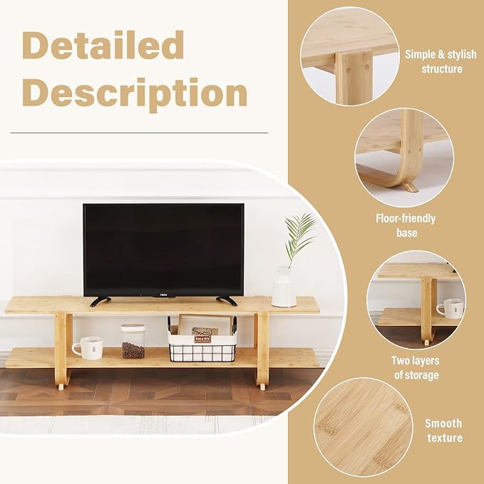 Welnow Low Bamboo TV Stand for Up to 65 Inch, Small Mid Century Modern - Image 3