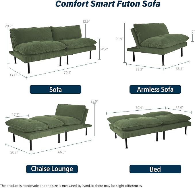 Ribilake 3 Sets 70" Futon Sofa Bed, 4 in 1 Multi-Function Couch Sleeper - Image 2