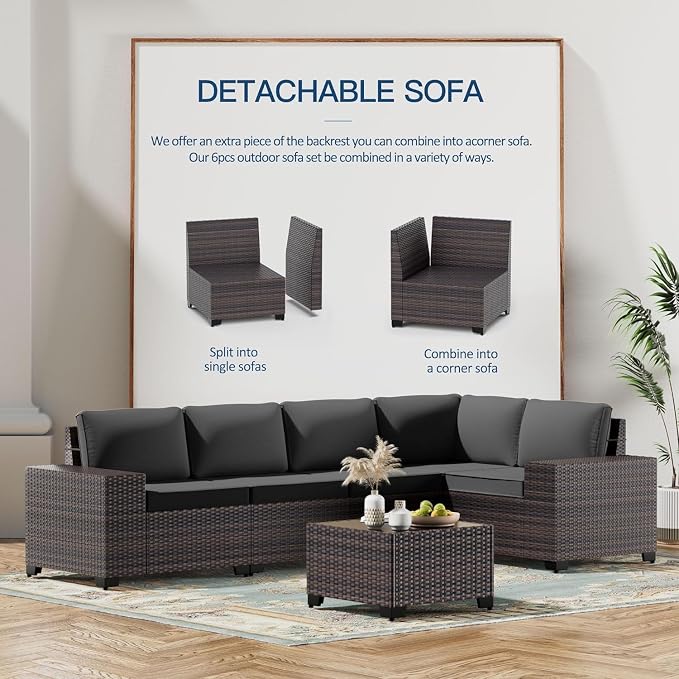 Kullavik Outdoor Patio Furniture Set 6 Pieces Sectional Rattan Sofa Set Brown - Image 7
