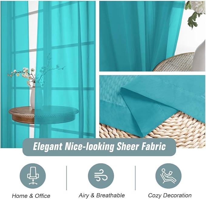 Turquoise Sheer Curtains 63 Inch Length 2 Panels, Voile Sheer Curtain - Image 4