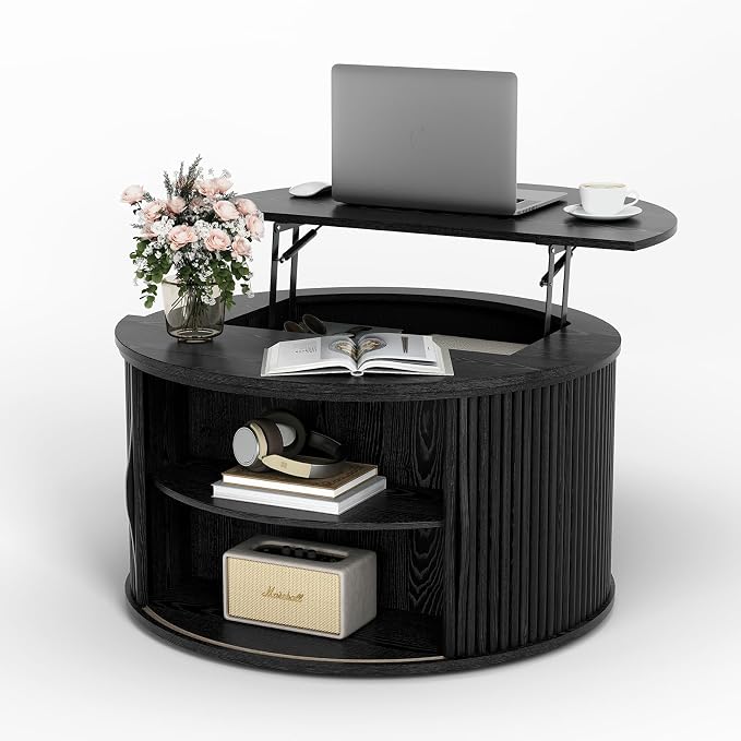 JOINICE 31.5" Black Round Lift Top Coffee Table, Modern Fluted Drum Center Table - Image 8