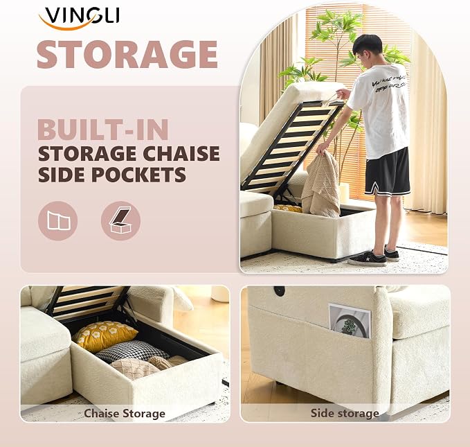 VINGLI Beige Convertible Futon Sofa Bed, Sleeper Sofa - Image 5