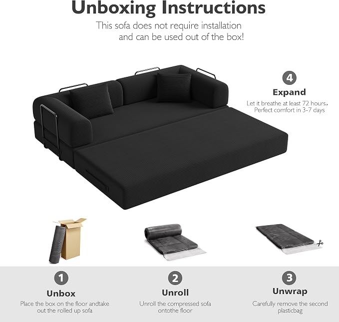 79in Convertible Sofa Bed, Corduroy Boneless Couch Bed, Futon Sleeper Sofa Pull - Image 5