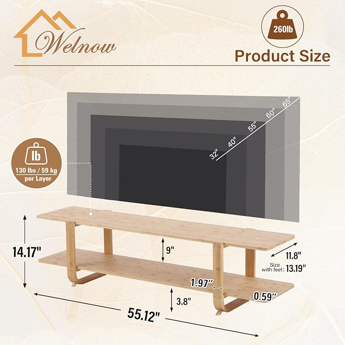 Welnow Low Bamboo TV Stand for Up to 65 Inch, Small Mid Century Modern - Image 2