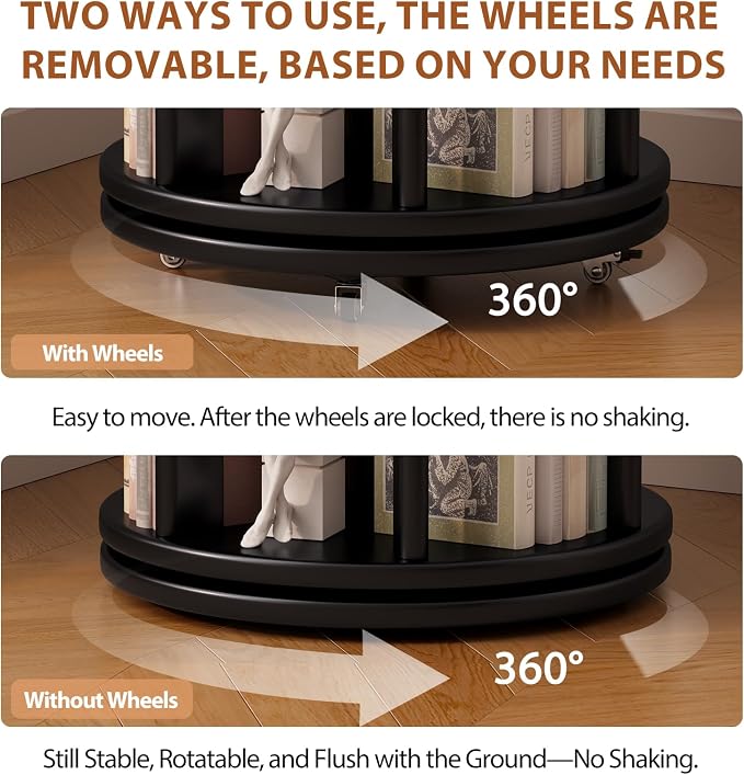 Muwuele Solid Wood Rotating Bookshelf on Wheels, 6 Tier, Round Revolving - Image 5