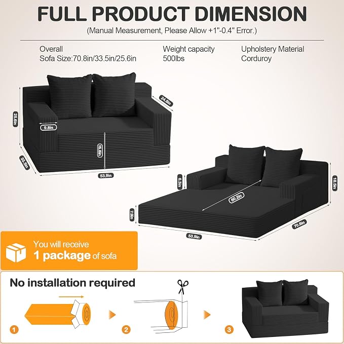 Erament Loveseat Boneless Convertible Sofa Bed, Folding Floor Futon Sleeper - Image 2