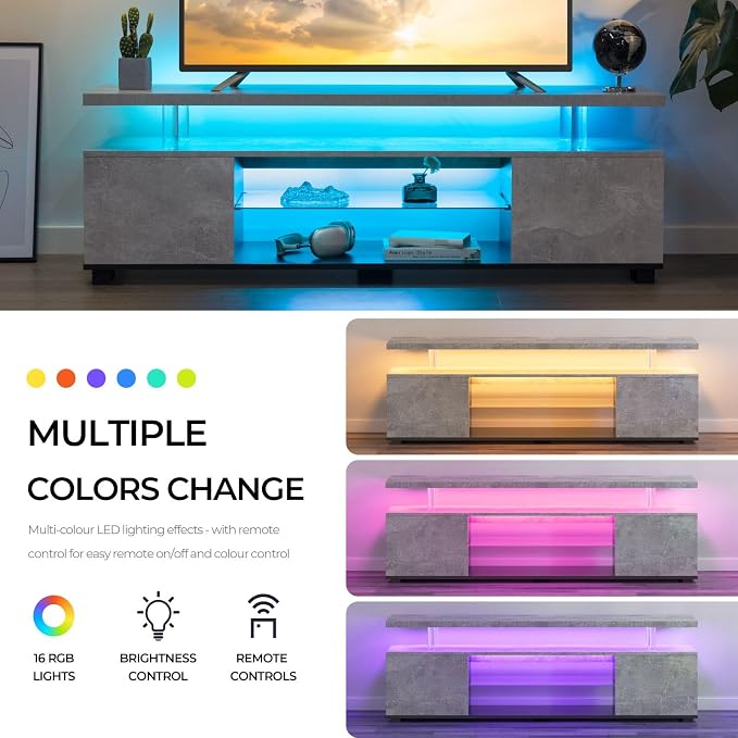 Cubehom Grey TV Stand, LED TV Stand Modern Entertainment Center - Image 4
