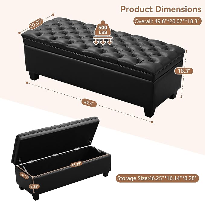WUTUTUEE 50" Faux Leather Storage Ottoman Bench, End of Bed Upholstered - Image 2