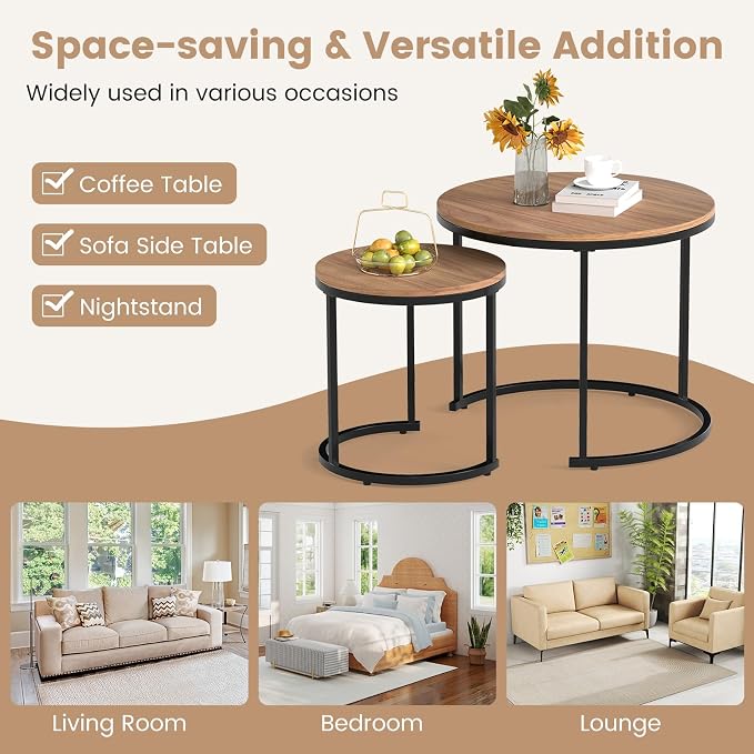 Giantex Nesting Coffee Table Set of 2, Round Stacking Side Tables w/Wooden - Image 7