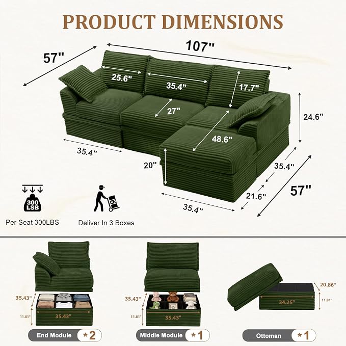 Upgrade Boneless Couch with Storage, Extra Deep&High Seat Modular Sectional - Image 3