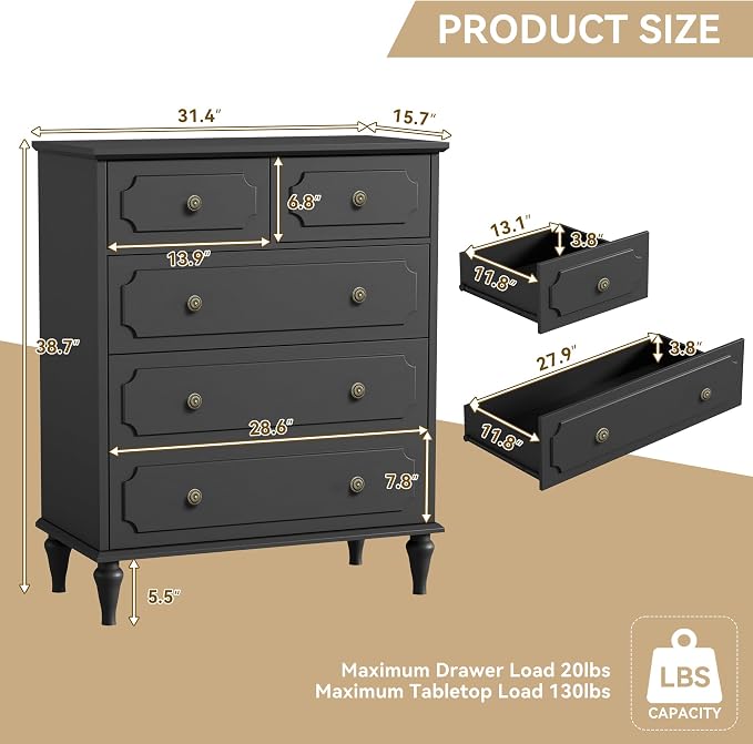 Black Dresser for Bedroom with 5 Drawers, Vintage Tall Dresser with Smooth - Image 2