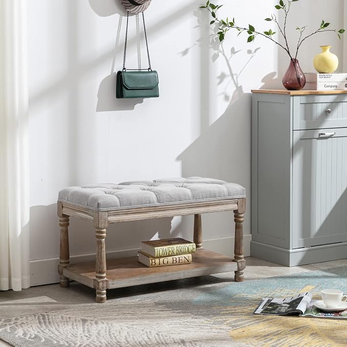 Farmhouse Storage Bench Wooden Entryway Linen Upholstered Ottoman Button Tufted - Image 6