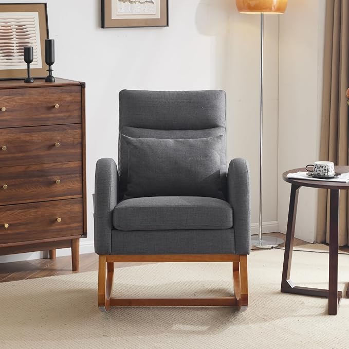 VINGLI Grey Linen Nursery Rocking Chair - Image 7