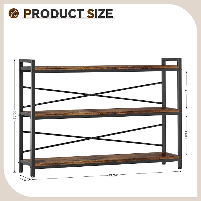 3 Tier Bookcase 47.24" Width, Long Industrial Book Shelf, Vintage Wooden Large - Image 3