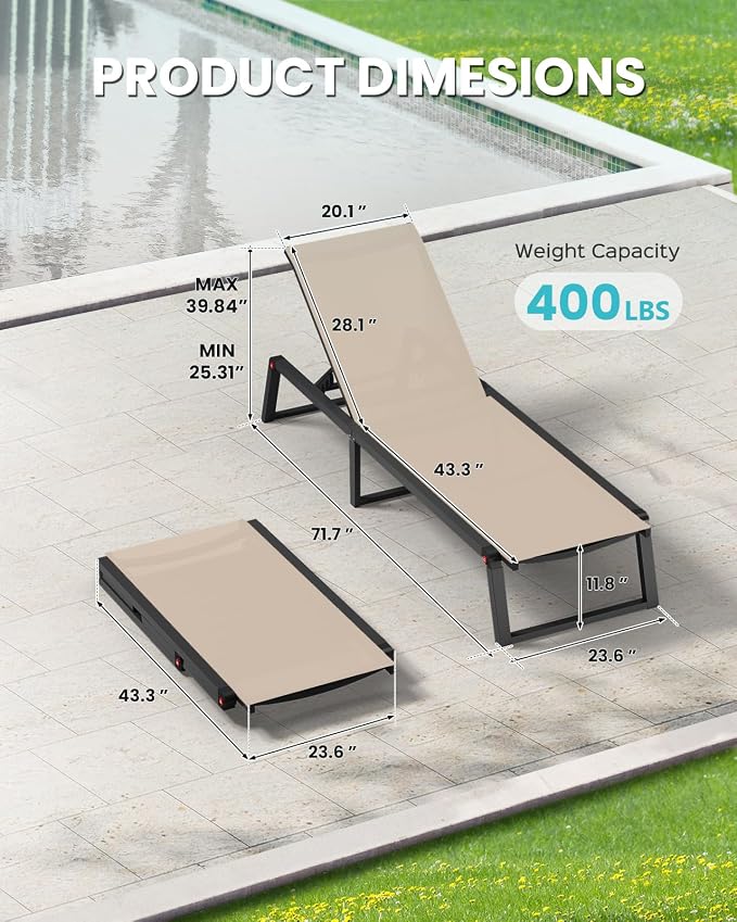 Aluminum Chaise Lounge Chair Outdoor, Foldable& No Assembly Patio Pool Lounge - Image 2