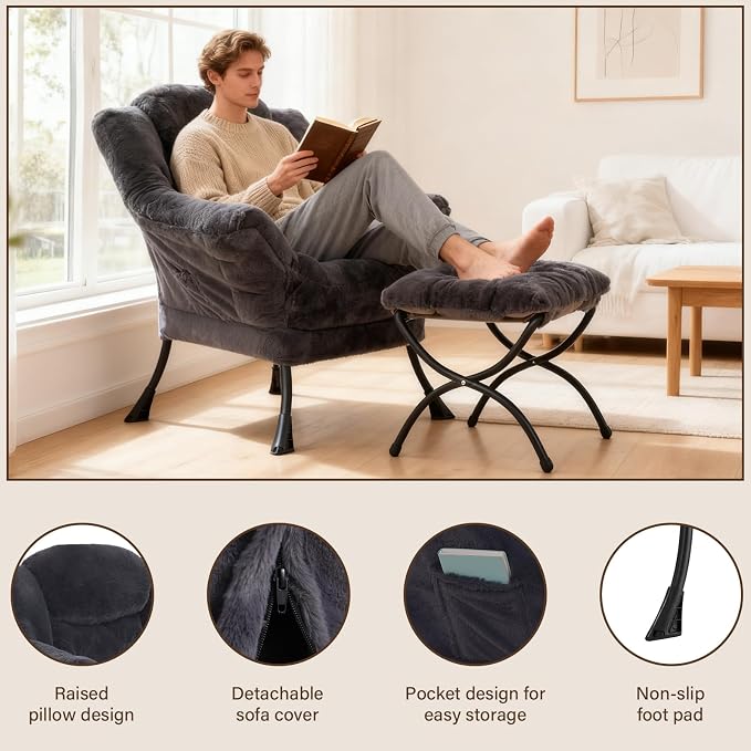 Welnow Lazy Chair with Ottoman, Modern Accent Chair with Armrests and a Side - Image 6