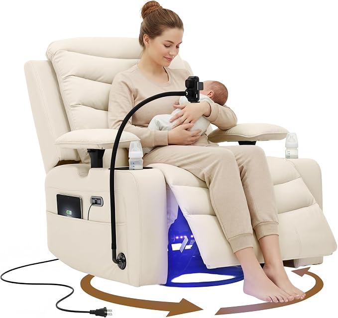 Olela Power Glider Recliner Nursery Chair, Oversized Leather Swivel Rocking by Olela