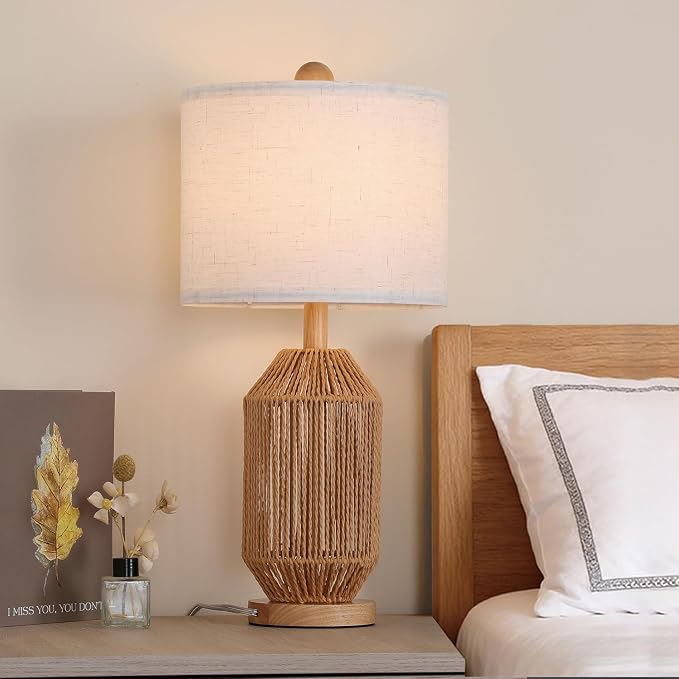 21" Boho Rattan Table Lamps Set of 2, Farmhouse Bedside Nightstand Lamps - Image 6