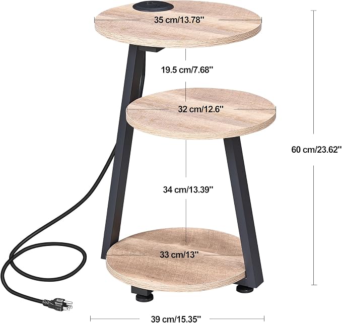 BEWISHOME Round End Table with Charging Station, Side Accent Table with 3-Tier - Image 3
