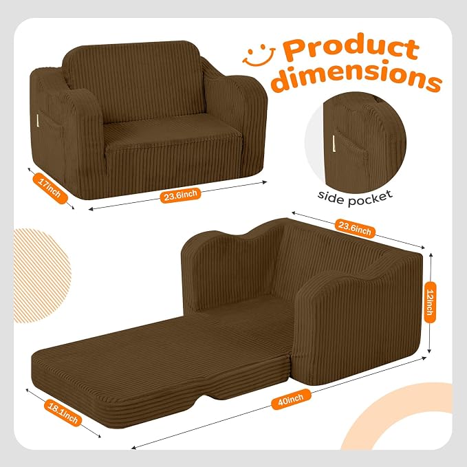 MeMoreCool Toddler Couch, 2-in-1 Corduroy Kids Couch Fold Out to Lounger - Image 3