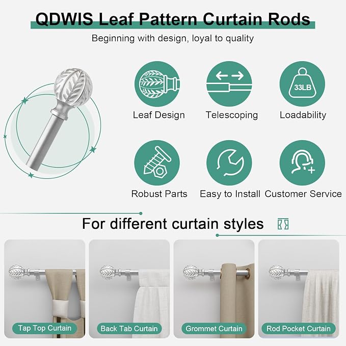 QDWIS 2 Pack Silver Curtain Rods - Image 6