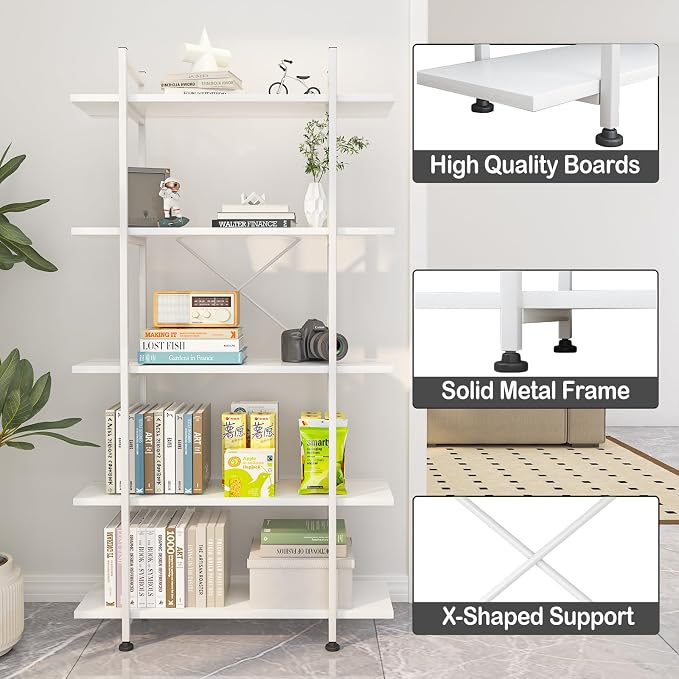 Bookshelf 5 Tiers White Wooden Storage Shelf, Modern Open Display Storage - Image 4