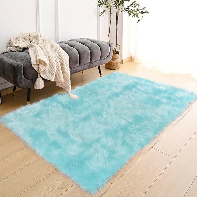 Latepis High Pile Faux Fur Area Rug, 4x6 ft, Light Blue, Living Room, Bedroom - Image 7