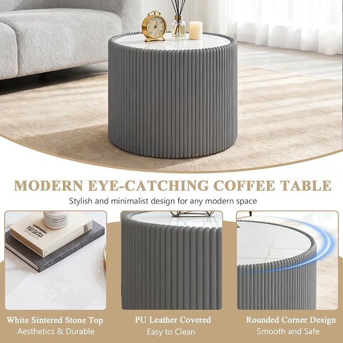 Marble Round Side Table, 17.71" Fluted End Table - Image 5