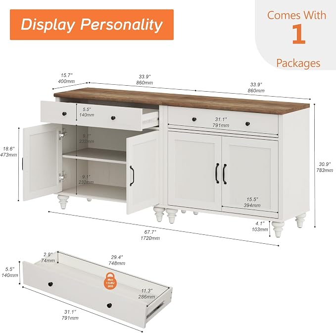 WAMAPT Buffet Cabinet with 4 Doors and 2 Drawers, Large Coffee Bar Table Wood - Image 2