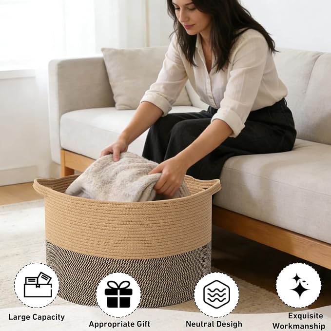 115L Extra Large Blanket Basket, Woven Rope Laundry Basket Hamper - Image 4