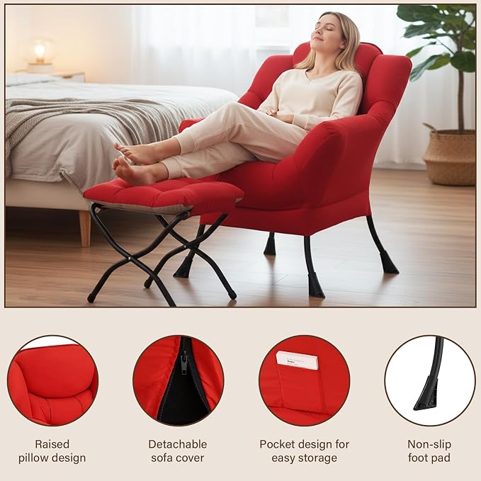 Welnow Lazy Chair with Ottoman, Modern Accent Chair with Armrests and a Side - Image 4