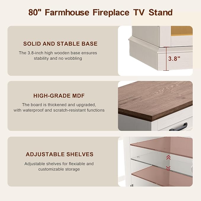 MXV 80" Fireplace TV Stand, 3-Sided Glass Fireplace and Modern Entertainment - Image 3