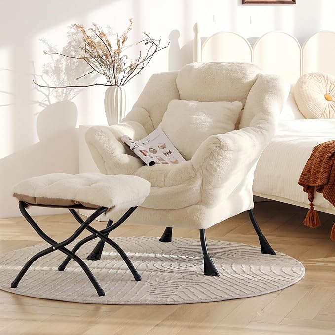 Lazy Chair with Ottoman, Large Lvory Accent Chair with Ottoman and FA Throw - Image 4