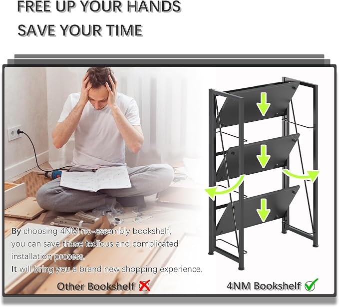 4NM No Assembly Folding Bookshelf Storage Shelves 3 Tiers Vintage Bookcase - Image 6