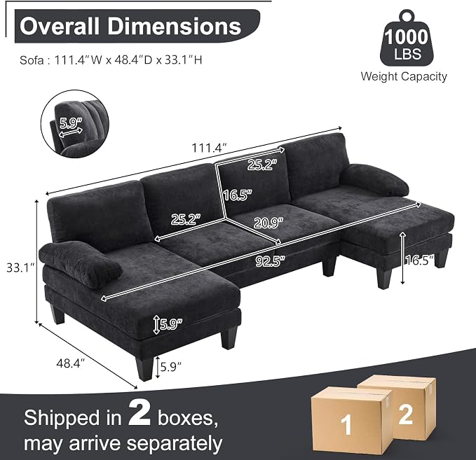 Karl home 111" Sectional Sofa U-Shaped 4-Seat Couch - Image 2
