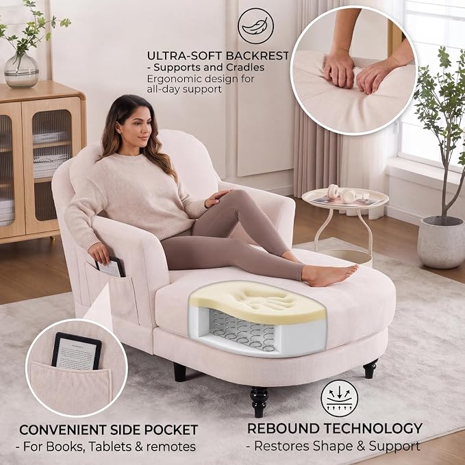 Chaise Lounge Chair Indoor, 59.8" Oversized Couch Reading Chairs，Chenille - Image 4