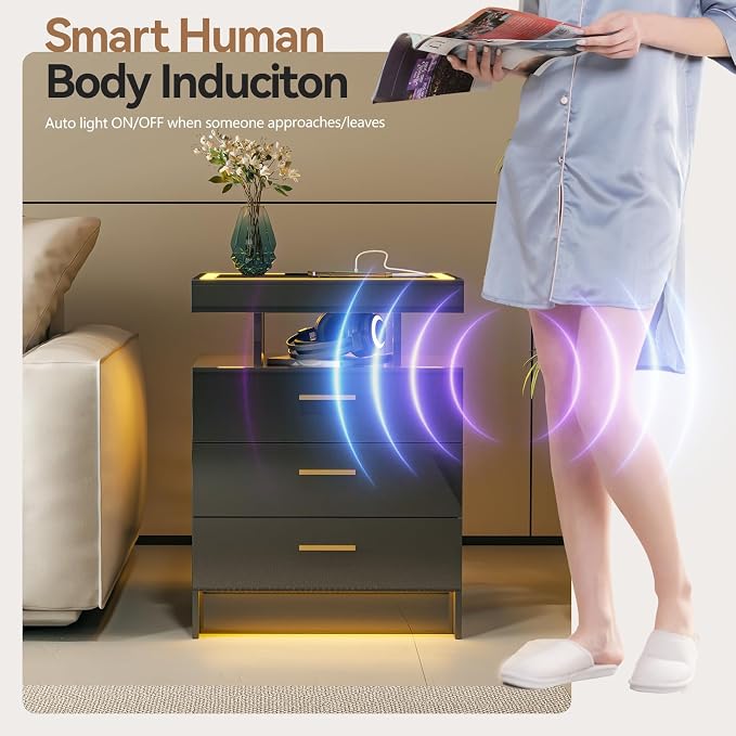 Black Night Stand with Wireless Charging Station, Smart Bedside Table with 3 - Image 4