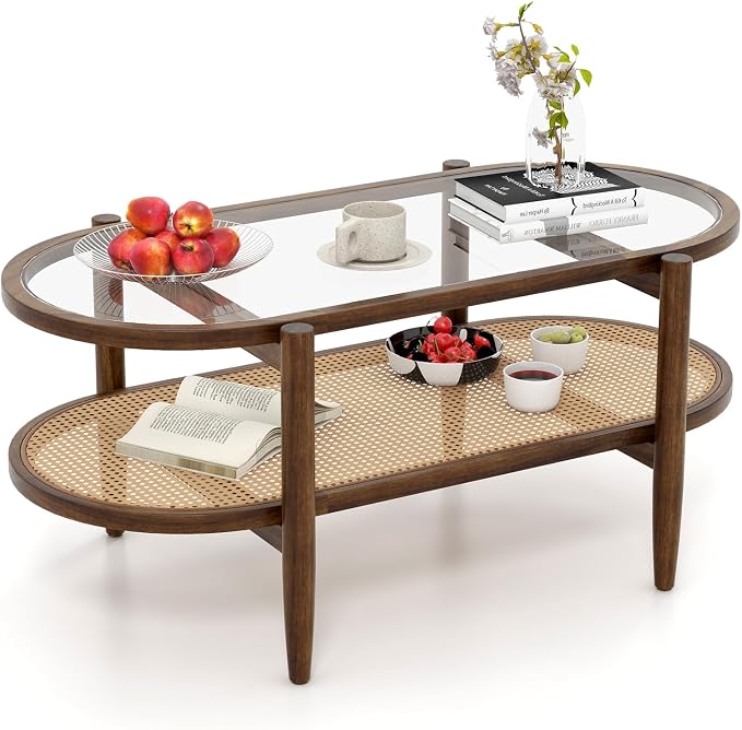 Giantex Rattan Coffee Table, 2-Tier Oval Acacia Wood Tea Table w/Tempered Glass - Image 9