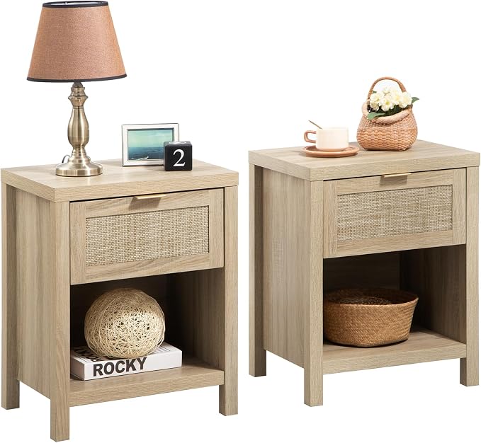 SICOTAS Rattan Nightstands Set of 2, Farmhouse Night Stand Bedside Table by SICOTAS