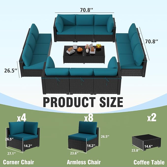 KIGOTY Patio Furniture Set, 14 Pieces Modular Outdoor Sectional Sofa, PE Rattan - Image 2