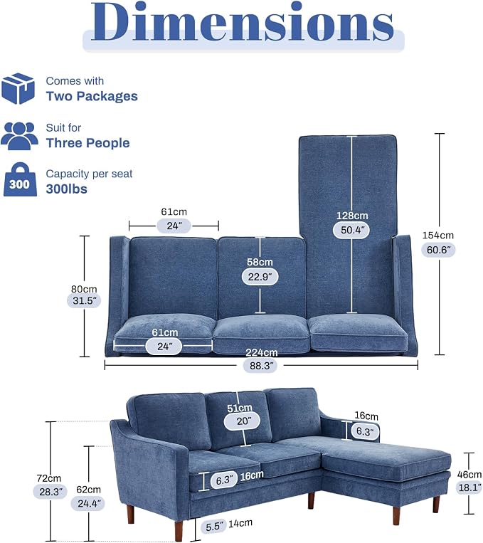 Kingfun 88" L-Shape Sofa, Chenille Sectional Couch, Mid Century Modern Couches - Image 2