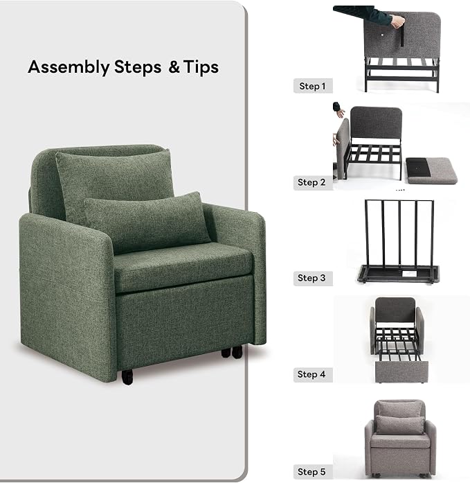 Iroomy 5-Level Adjustable Convertible Sleeper Chair, 3-in-1 Pull Out Sofa Bed - Image 9
