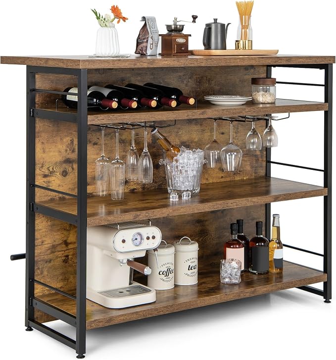 PETSITE Industrial Home Bar Unit, Stationary Kitchen Island w/ 4-Tier Storage by PETSITE