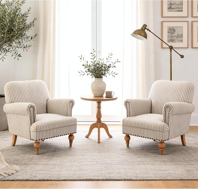 Khaki Striped Linen Fabric Accent Chair, Modern Farmhouse Upholstered Armchair - Image 5