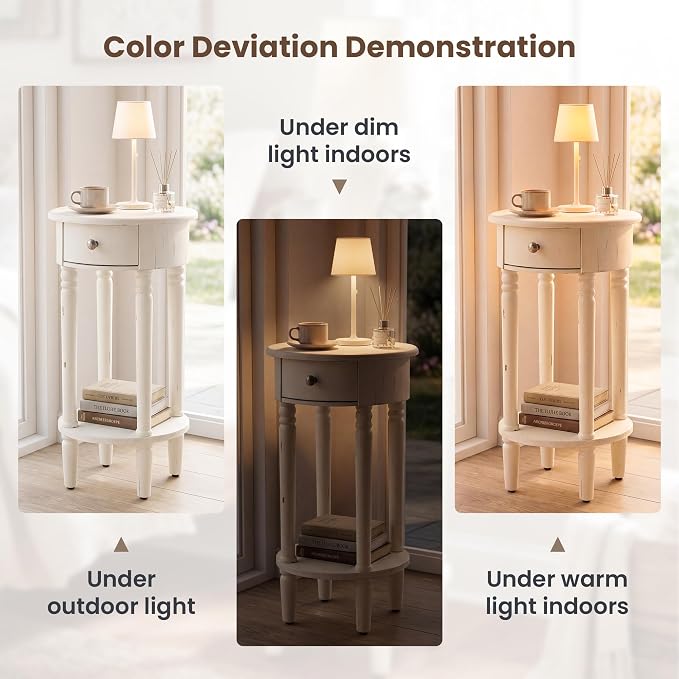 HOMPUS Round End Table with Drawer Set of 2, Rustic Framhouse Nightstand Set 2 - Image 5