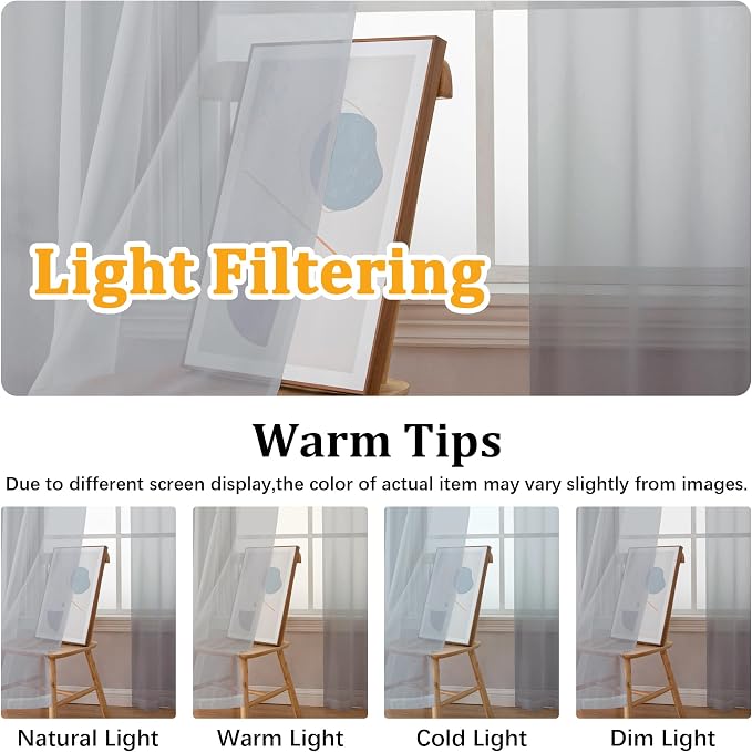 Gwine Light Grey Sheer Curtains 90 Inches Long 2 Panels Set, Light Filtering - Image 5