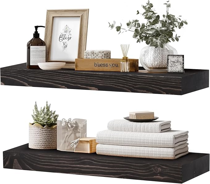 24x8x1.6 inch Floating Shelves Set of 2 – Solid Wood Rustic Black Wall Mounted by YLYHSST